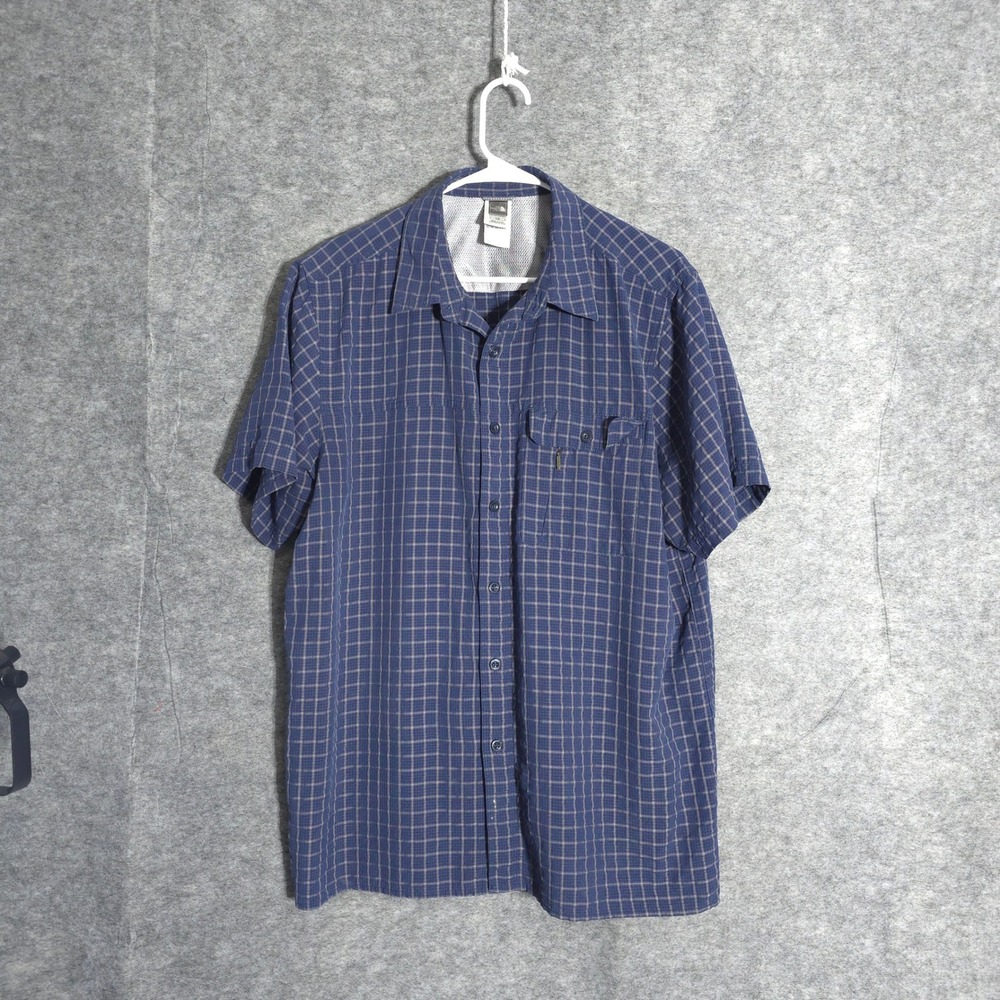 The North Face Shirt Mens L Blue Plaid Hiking ADHK Short Sleeve Vented Pocket